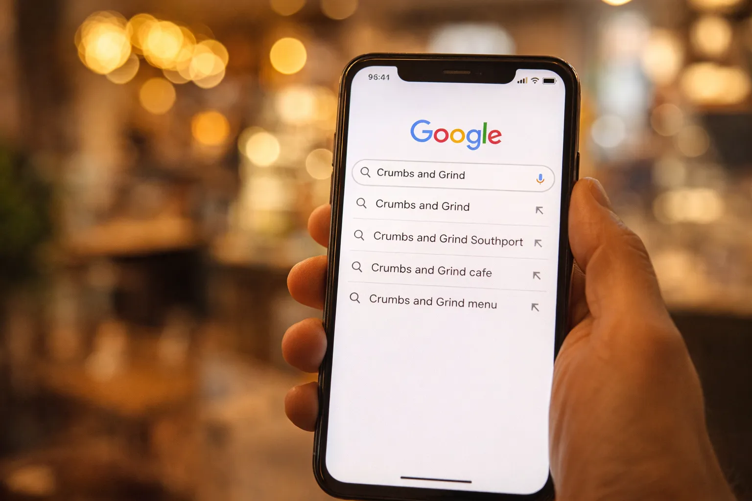 A smartphone showing Google search suggestions for "Crumbs and Grind Southport" — live proof of branded search volume building before they opened their permanent café