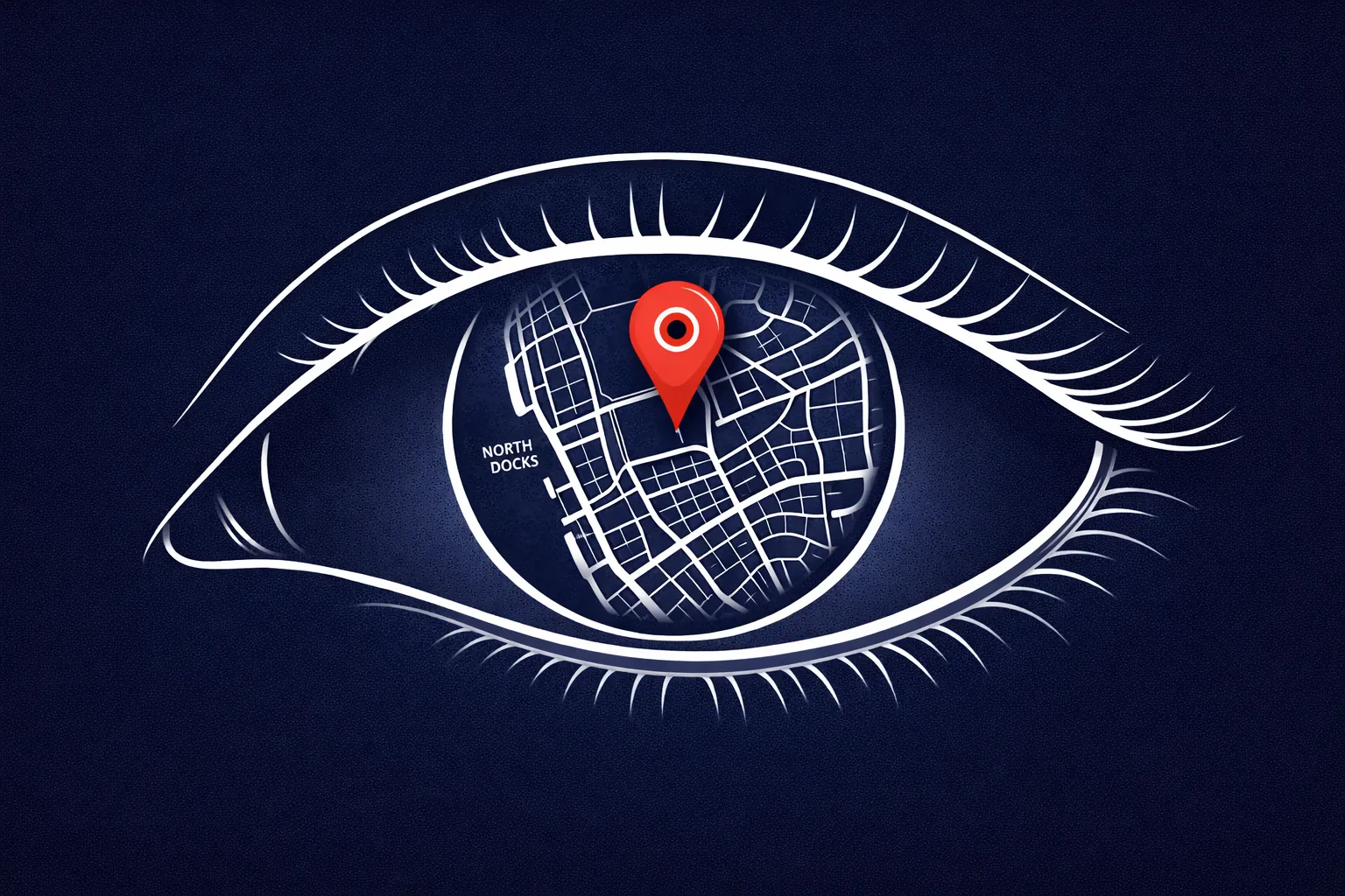 A stylised eye reflecting a map of Liverpool's North Docks with a red location pin — spotting the next big opportunity