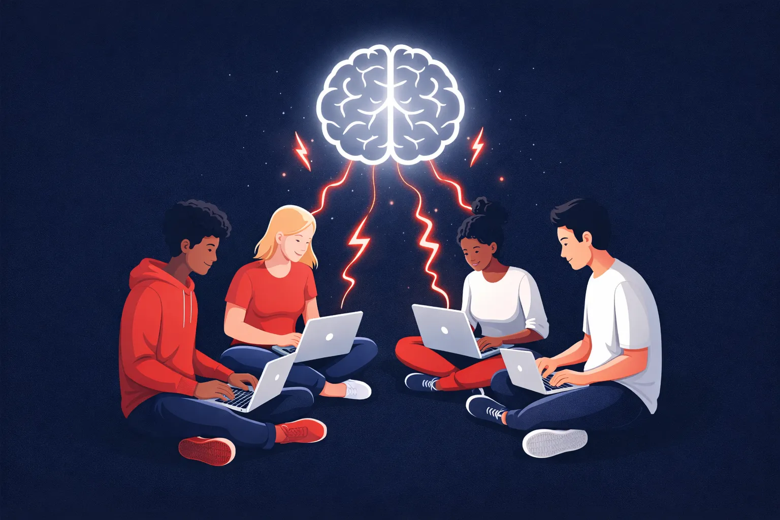 Four young people sitting together with laptops, connected by glowing lightning bolts to a brain above — representing digital skills and learning