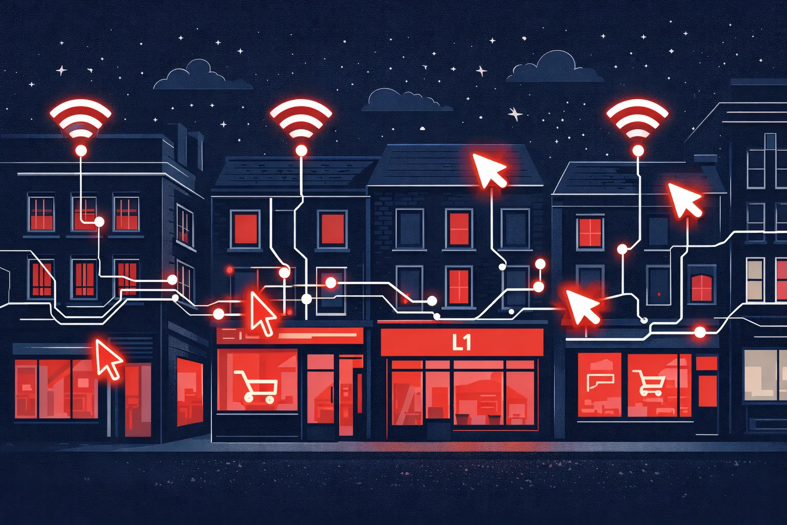 Connected Liverpool high street shops with digital WiFi signals — local businesses getting found online