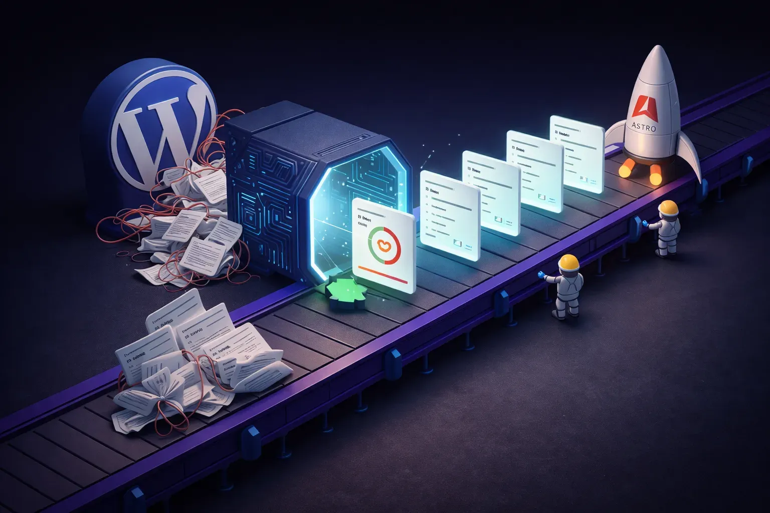 Isometric illustration of the WordPress to Astro migration process — files moving along a conveyor belt through a transformation portal