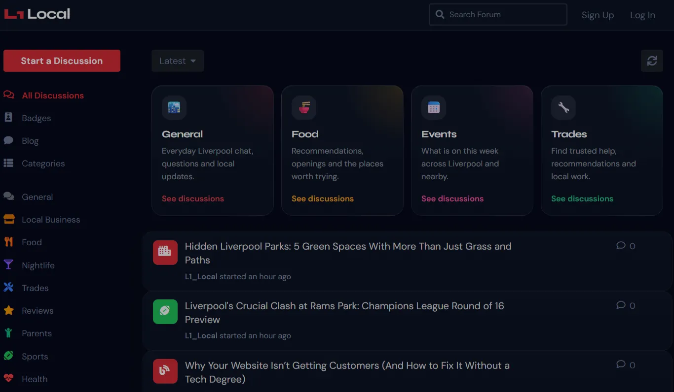 Screenshot of L1Local.co.uk showing the local-first design and content structure