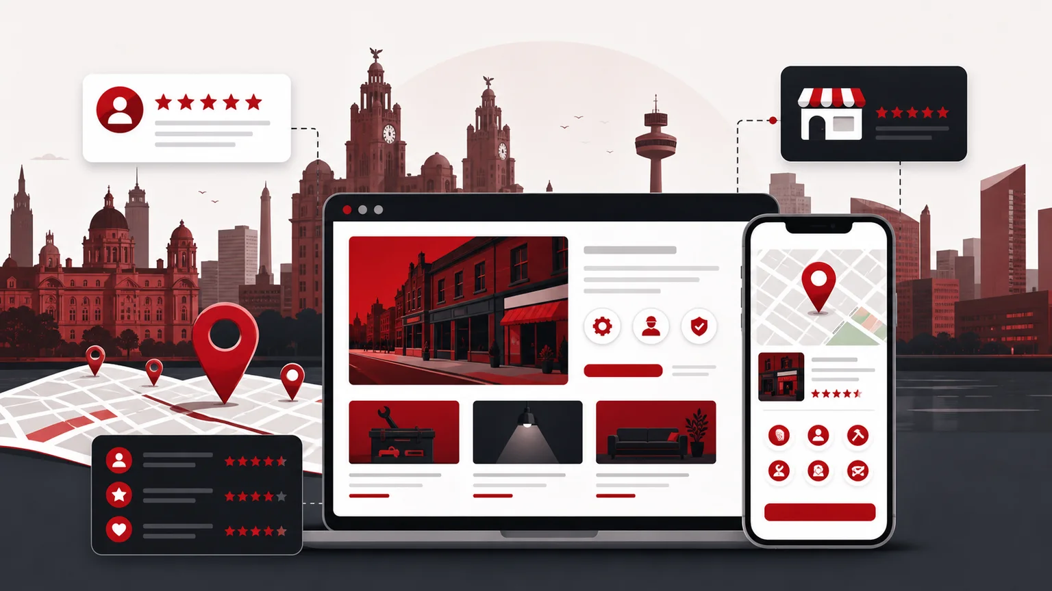 Liverpool local SEO website signals with map pins and reviews