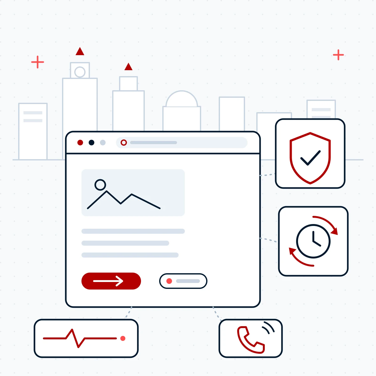 Illustration of a website kept online: security shield, backups, uptime monitoring, and phone support