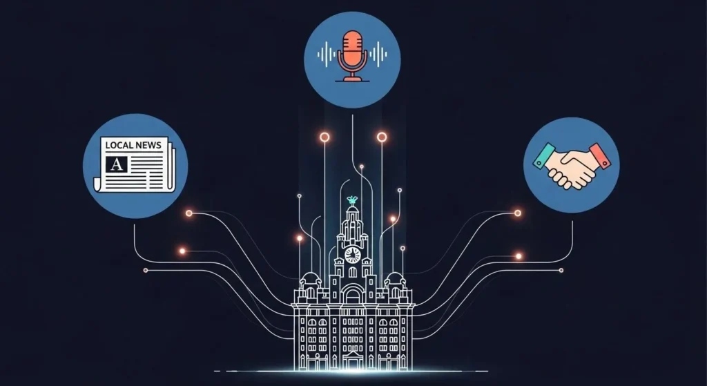 Graphics of Liver Building with links to local business connections 