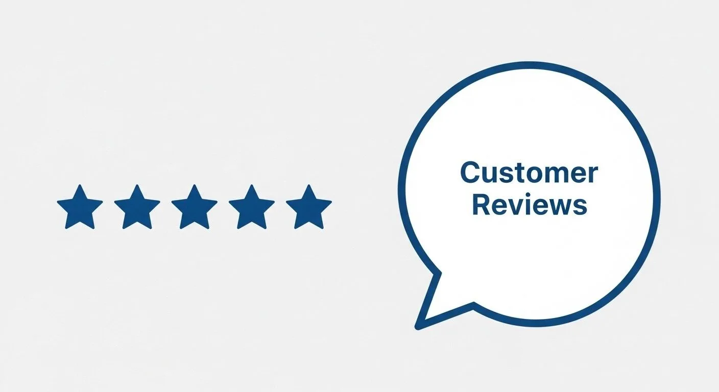  A clean vector graphic of a 5-star rating icon alongside a speech bubble, representing customer reviews and social proof.