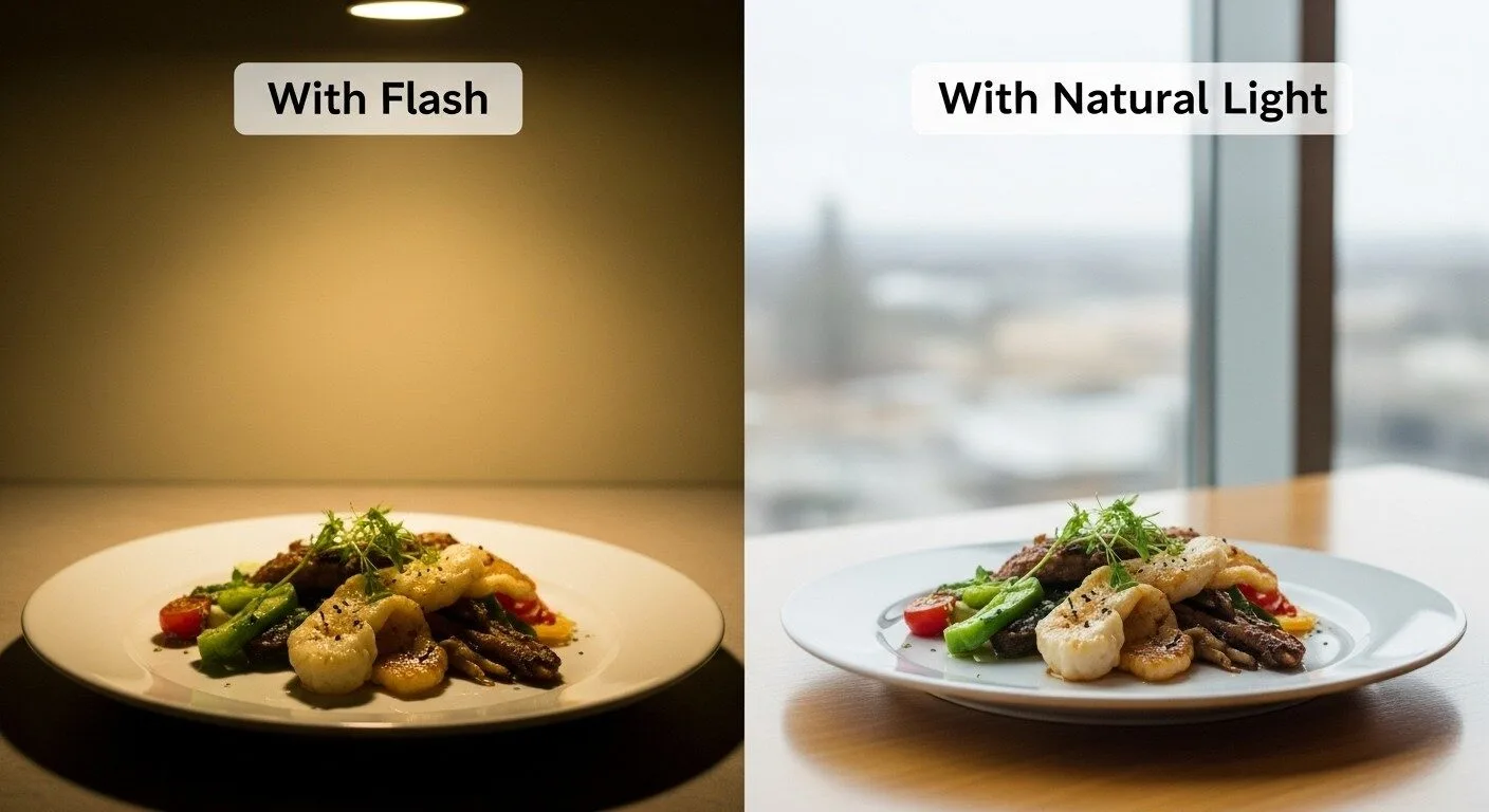 Image Prompt 2: Natural Lighting
Prompt: A side-by-side comparison photo. The left image shows a plate of food under dim, yellow, artificial light, looking unappetizing and flat. The right image shows the exact same plate of food placed on a table next to a large window, bathed in soft, natural daylight. The colours are rich, the details are sharp, and the food looks delicious. Use text overlays: "With Flash and "With Natural Light 