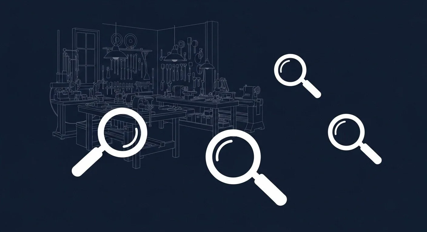 An abstract vector illustration in a Tailwind CSS style. On a dark navy blue background, a beautifully detailed craftsman's workshop is rendered as a faded, ghosted, semi-transparent white outline. In the foreground, several solid, bright white magnifying glass icons are scanning the area but are clearly missing the workshop. The scene conveys a sense of being overlooked and digital invisibility, using a minimalist, dark blue and white monochromatic palette.