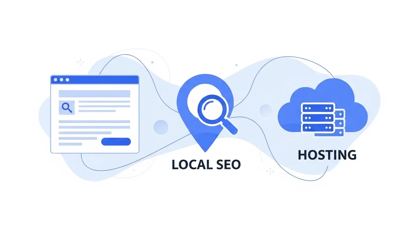 Graphic representing web design, local SEO, and hosting services
