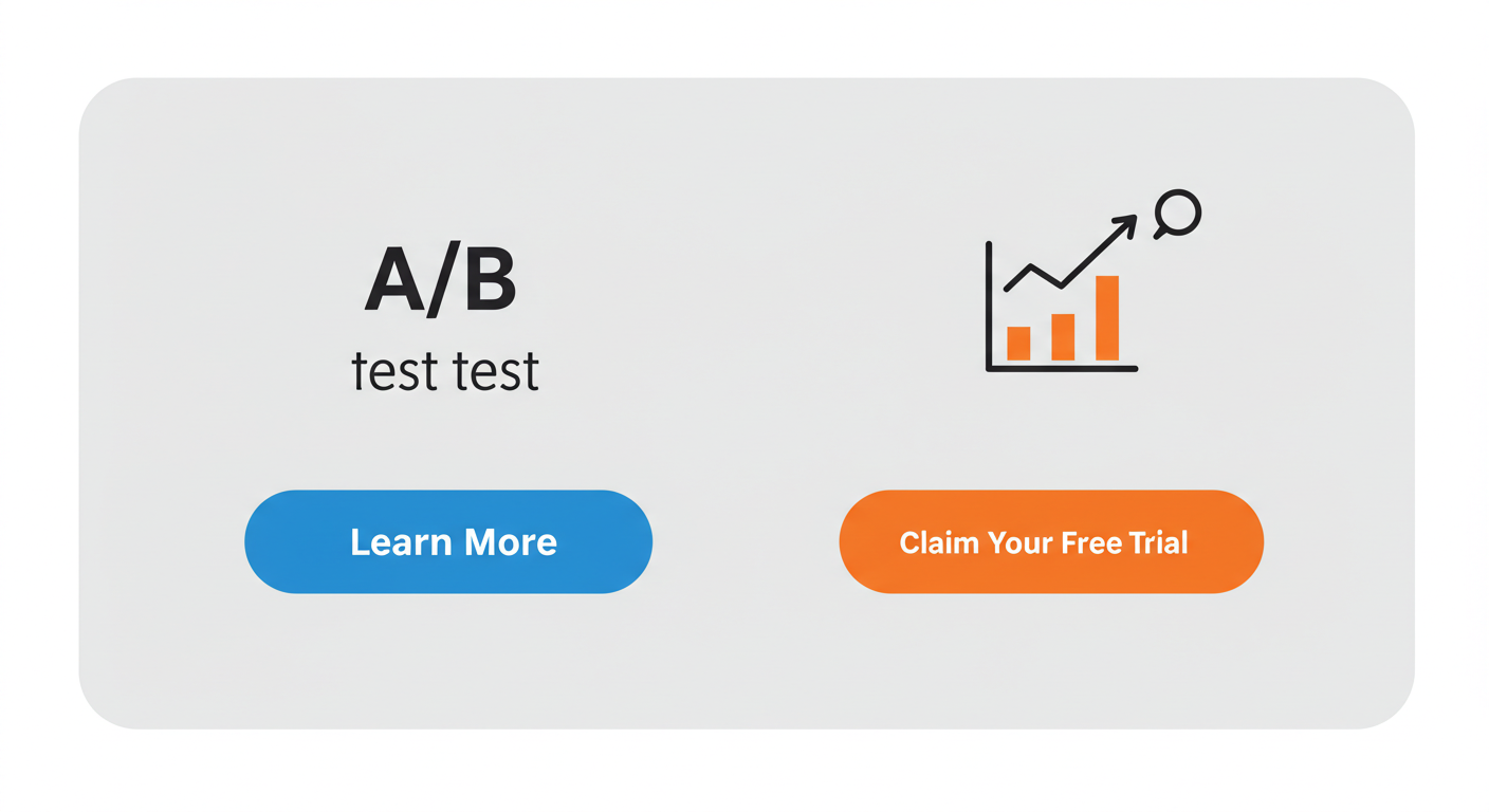 Effective Ctas: Tips For Top Results 3 A flat design vector illustration depicting an A/B test for a call to action. On the left, a blue button says "Learn More." On the right, a contrasting orange button says "Claim Your Free Trial." A small, simple graph icon above the orange button shows a rising trend, indicating better performance. The entire image is on a clean, light grey background with plenty of whitespace. --ar 3:2