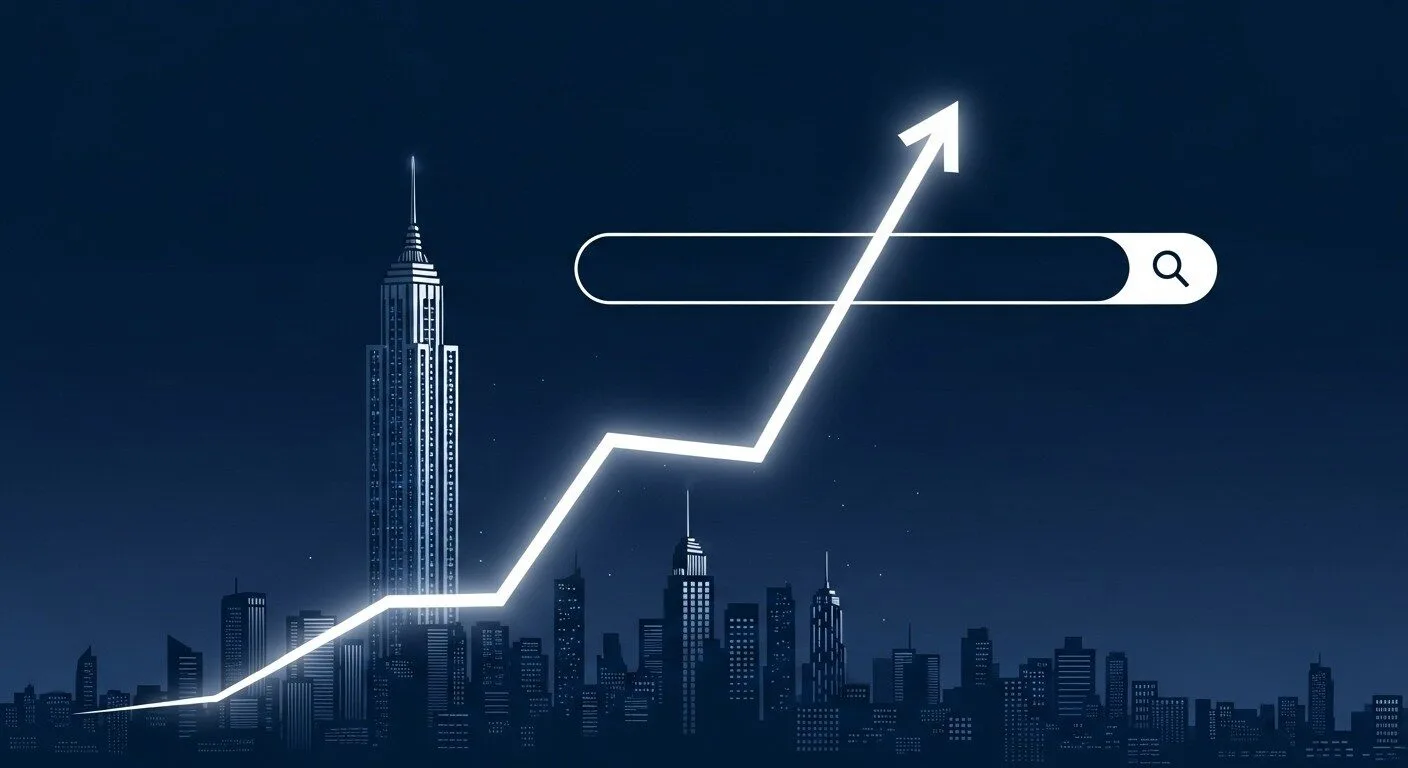 A minimalist digital illustration of the Liverpool skyline, featuring the Liver Building and Radio City Tower, set against a deep, dark blue background. A glowing, crisp white line graph emerges from the city and trends sharply upwards, piercing through a clean, abstract search bar element. The style is modern vector art, inspired by Tailwind CSS design principles, with a focus on clean lines, gradients, and a UI/UX aesthetic. The only colours are shades of dark blue and brilliant white.