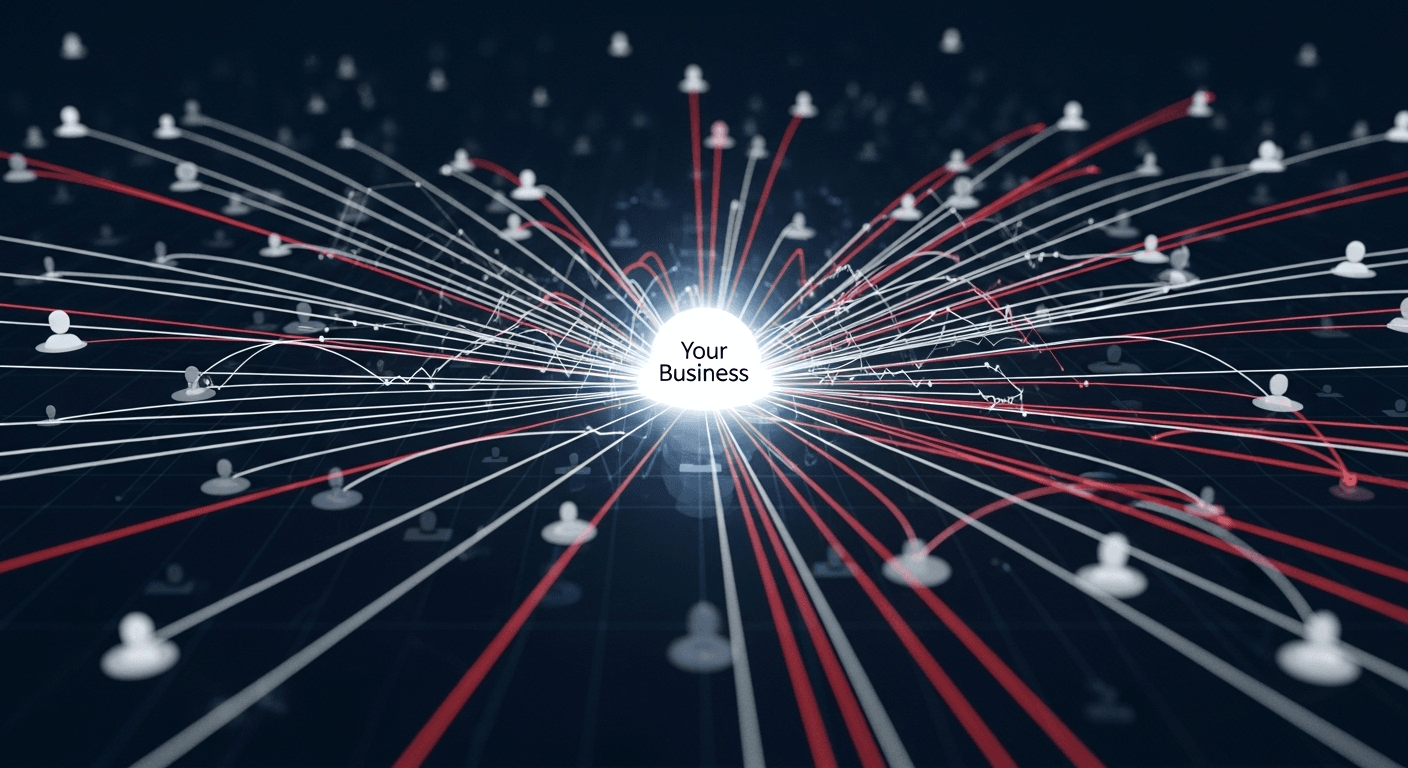 Turn Liverpool Events Into Your Business Goldmine 6 An abstract data visualization representing social media engagement. In the center, a single, glowing white node labeled "Your Business" pulses gently. From this central point, hundreds of thin, energetic lines—some vibrant red, some crisp white—radiate outwards, connecting to a vast, surrounding constellation of smaller, dimmer user icons. Some of the lines are pulsing back towards the center, symbolizing likes, comments, and shares. The entire network is set against a dark navy blue digital space with a subtle grid pattern, conveying a sense of community, reach, and real-time conversation.