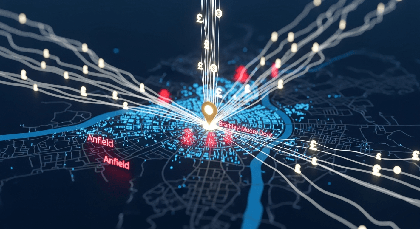 Turn Liverpool Events Into Your Business Goldmine 5 A conceptual data visualization, rendered in a sophisticated 3D style. A dark, stylized, holographic map of Liverpool is the centerpiece, set against a deep navy blue background. Glowing, vibrant red nodes of energy pulse over key locations like Anfield, Bramley-Moore Dock, and Aintree. From these nodes, intricate streams of glowing white data and digital currency symbols (£) flow like rivers through the city grid, all converging on a single, brightly illuminated pin representing a local business. The image is cinematic, with a shallow depth of field, and conveys a sense of immense digital opportunity and financial flow.