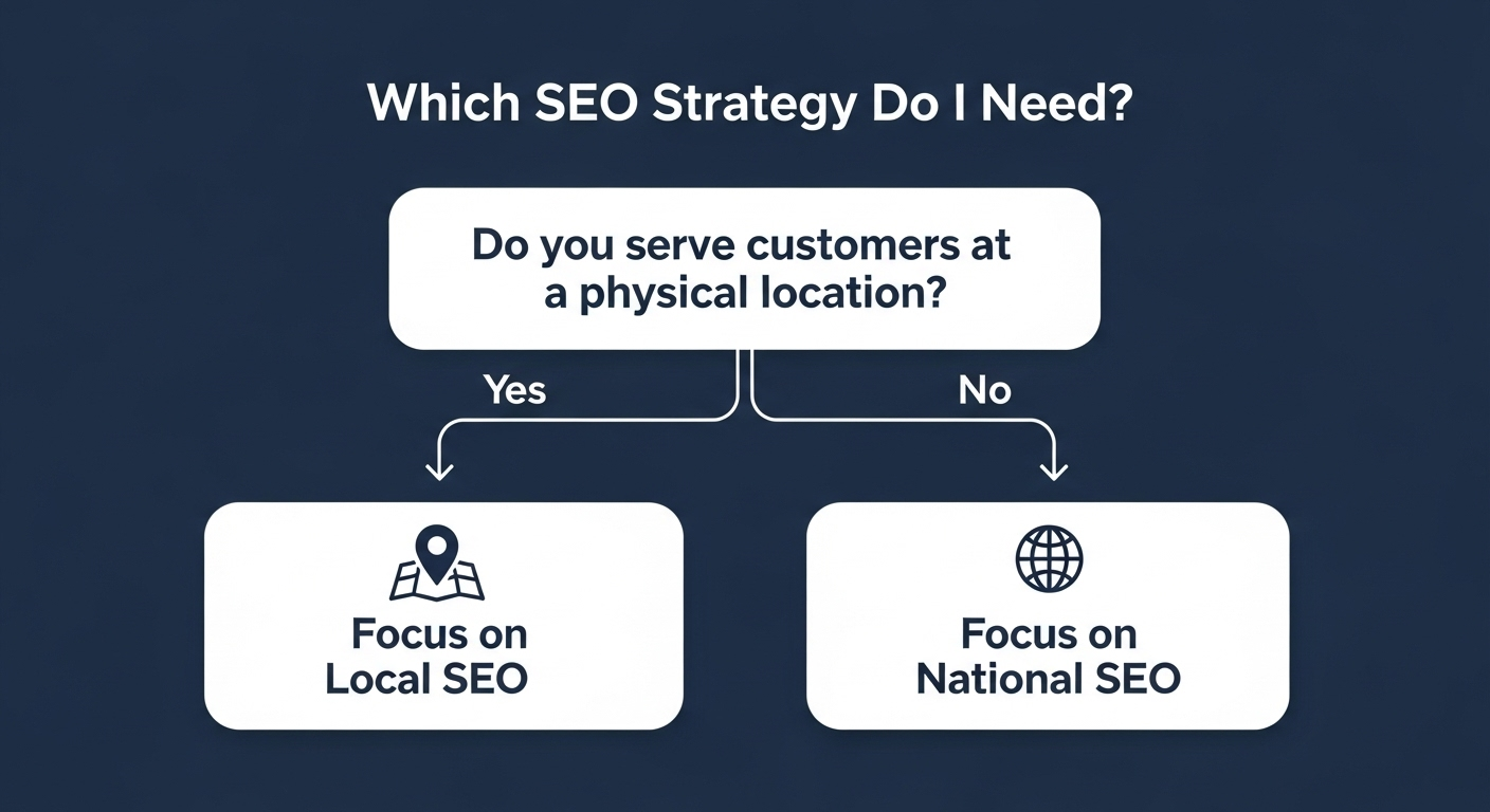 Decision flowchart showing how to choose between Local SEO and National SEO based on business type and customer location