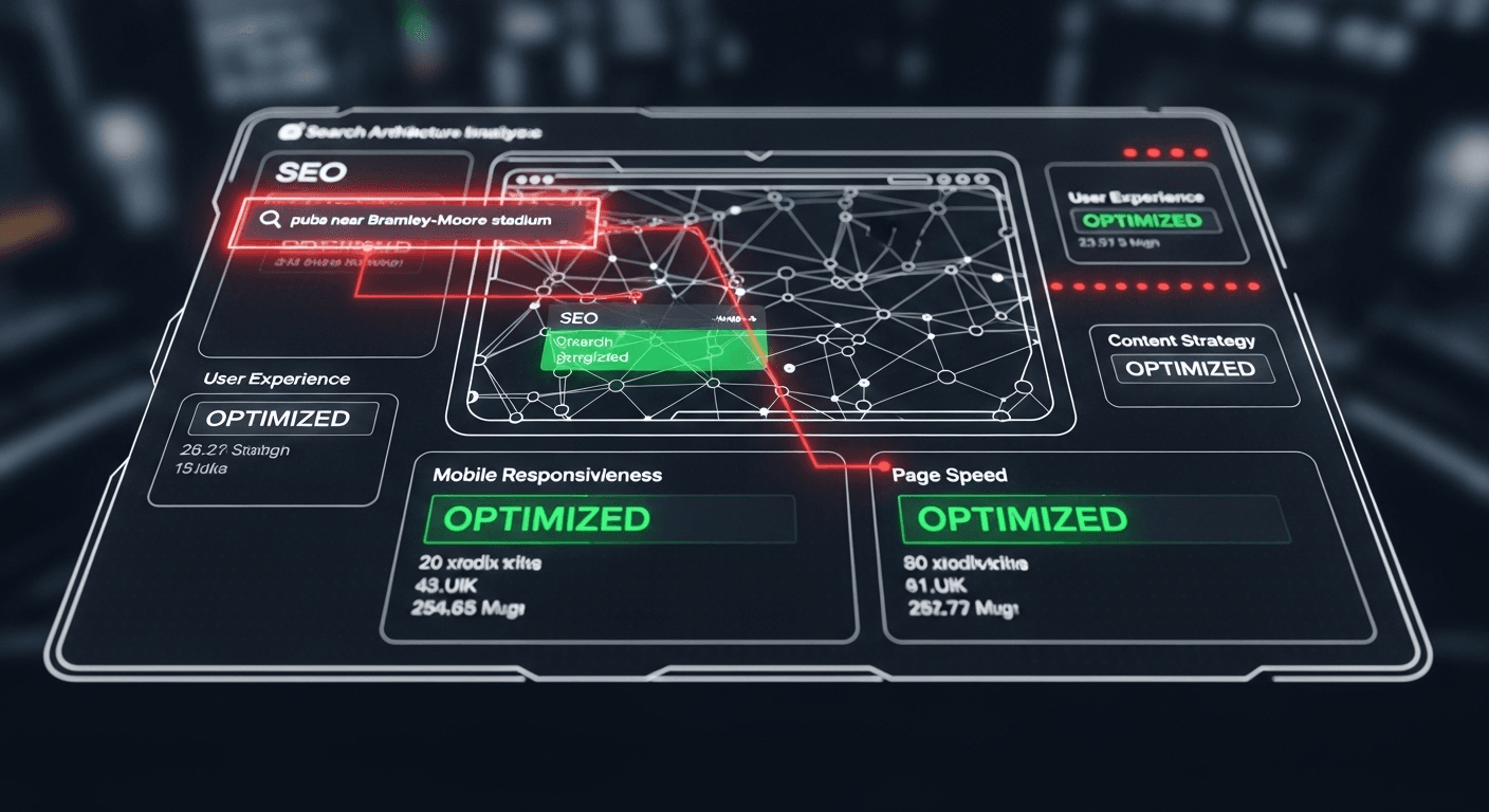 Turn Liverpool Events Into Your Business Goldmine 7 A futuristic heads-up display (HUD) interface, showing a complex analysis of a website's architecture. The UI is a blend of glowing white text and vibrant red data points on a dark, semi-transparent screen. In the center, a structural blueprint of a website is being scanned, with specific modules like "Mobile Responsiveness" and "Page Speed" showing green 'OPTIMIZED' readouts. A highlighted search query, "pubs near Bramley-Moore stadium," is shown being successfully targeted, with a glowing red line connecting it to the website's SEO module. The image is clean, highly detailed, and conveys precision, strategy, and technical expertise.