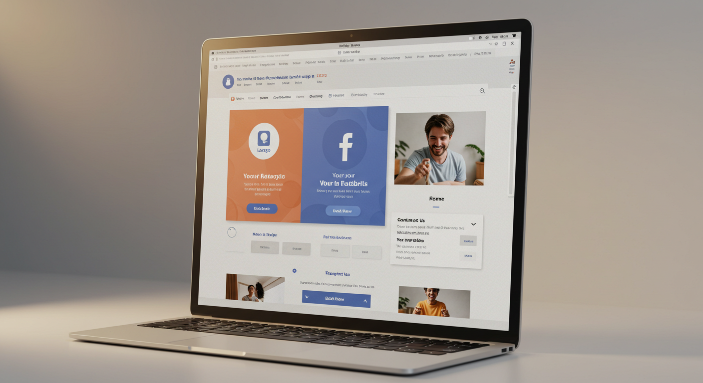 Create A Facebook Page That Gets Customers 2025 6 A vibrant, ultra-modern screen capture of an impeccably designed fictional small business Facebook page, displayed on a sleek, thin-bezel laptop or monitor. The page radiates professionalism: a crisp, central logo as the profile picture, an engaging banner image, a prominent "Contact Us" or "Book Now" call-to-action button, and a neatly organised "About" section with key information. The screen should be slightly angled on a minimalist, light-coloured desk, with warm, inviting studio lighting illuminating the display and suggesting clarity and purpose.