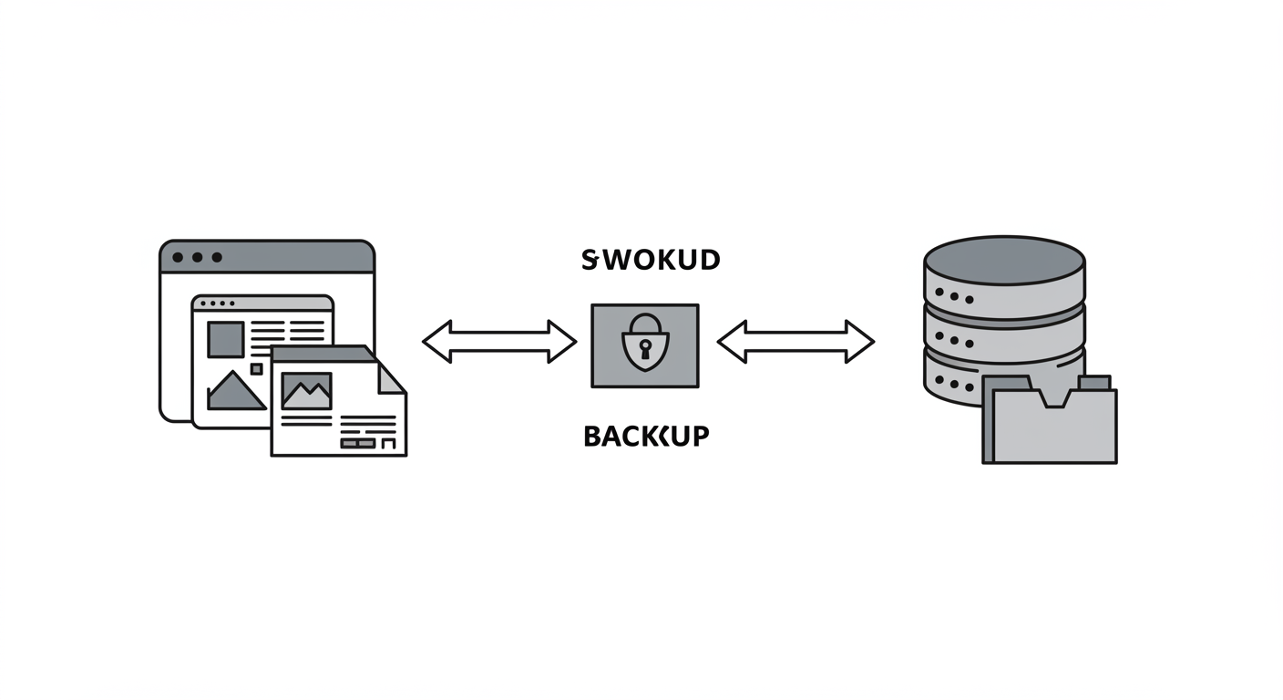 The Ultimate Guide To Website Backups For Wordpress Beginners (And How To Set One Up In 10 Minutes) 6 A simple, two-panel diagram. On the left, an icon representing website files (like a theme layout and image files). On the right, an icon representing a database (like a sleek, modern filing cabinet). An arrow points from each icon towards a central 'backup' icon, which looks like a secure digital box. Style: Minimalist line art, infographic style.