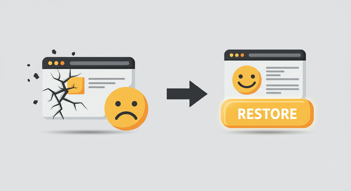 The Ultimate Guide To Website Backups For Wordpress Beginners (And How To Set One Up In 10 Minutes) 8 A stylized icon of a broken website (cracked screen effect or a sad face icon). Next to it is a large, glowing 'RESTORE' button with a circular 'rewind' arrow around it. An arrow points from the button to an icon of a happy, perfectly restored website. Style: Flat design, before-and-after concept.