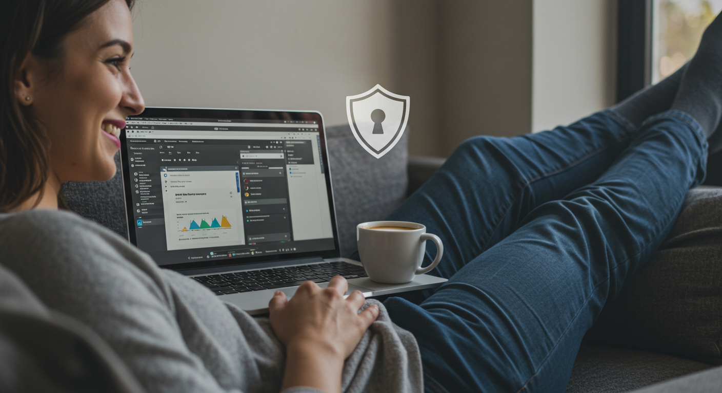 The Ultimate Guide To Website Backups For Wordpress Beginners (And How To Set One Up In 10 Minutes) 9 "A photo of a person smiling and relaxing with a cup of coffee while working on a laptop that shows a WordPress dashboard. A subtle, transparent 'shield' icon is visible in the corner of the laptop screen, indicating their site is protected. The mood is calm and confident.