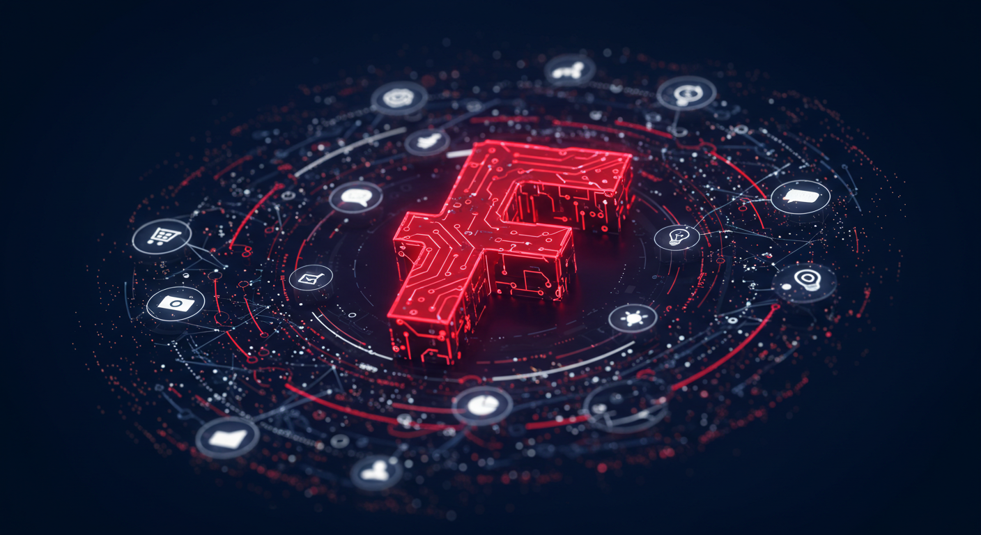 A highly detailed web illustration featuring a central, dynamic representation of a Facebook "F" logo. The "F" should be stylized, possibly deconstructed or reassembled with intricate, glowing circuit board-like lines or abstract geometric patterns, rendered in **vibrant red against a dark navy blue background**. Around the "F" logo, a swirling vortex or interconnected network of white, glowing data points and lines should emanate, symbolising digital connections and growth. Integrate subtle, abstract web icons in **white** – such as a tiny shopping cart, a speech bubble, a lightbulb (idea), or an upward-trending graph – seamlessly woven into the digital network. The overall composition should be rich in texture and intricate details, giving a high-tech, precise, and sophisticated feel, strongly adhering to a **dark navy, vibrant red, and clean white colour palette**. The aesthetic should be modern, sharp, and slightly futuristic, conveying expertise and powerful digital strategy.