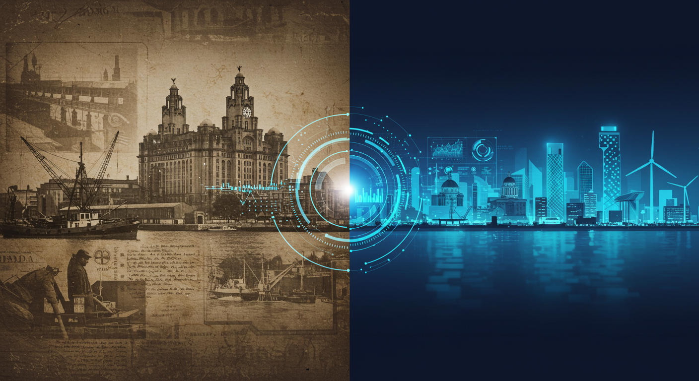 A dramatic, clean Rank Manth style illustration showcasing a split composition with a strong vertical line. On the left side, rendered in sepia tones and muted historical colours (still within the navy/white gradient style), faded images of historic Liverpool (e.g., old docks, Victorian buildings, archival text fragments) are subtly interwoven. A shimmering, translucent AI-generated overlay, in cool blues and whites, appears to be "scanning" or "analysing" this past. On the right side, rendered in vibrant futuristic blues, greens, and whites, a sleek, minimalist vision of Liverpool's future skyline emerges, with clean energy elements and smart city concepts. A similar AI overlay, perhaps with predictive graph lines or data visualisations, is projecting this future. The central element is a conceptual "telescope" or lens, abstractly formed from light within the AI gradient style, bridging the past and future. The mood should be one of discovery and informed foresight.