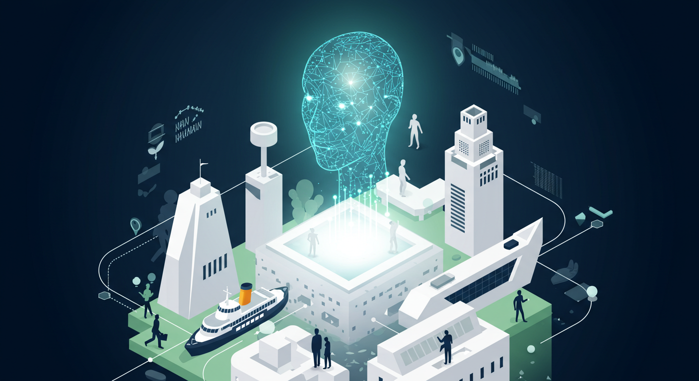 A clean, Rank Manth style illustration, primarily in pristine whites, light blues, and soft greens, with subtle accents of dark navy. The composition features stylised, interconnected elements representing Liverpool's infrastructure: a sleek Mersey Ferry, a section of the city's iconic architecture, and subtle digital pathways. These elements converge towards a central, glowing, benevolent AI symbol – not a face, but an abstract, flowing light pattern that suggests positive interconnectedness and growth. Below, abstract human figures (represented by clean, minimalist silhouettes) are seen collaborating or moving purposefully towards the light. The overall atmosphere is hopeful, collaborative, and forward-looking, emphasizing a human-centric approach to technological progress. The c