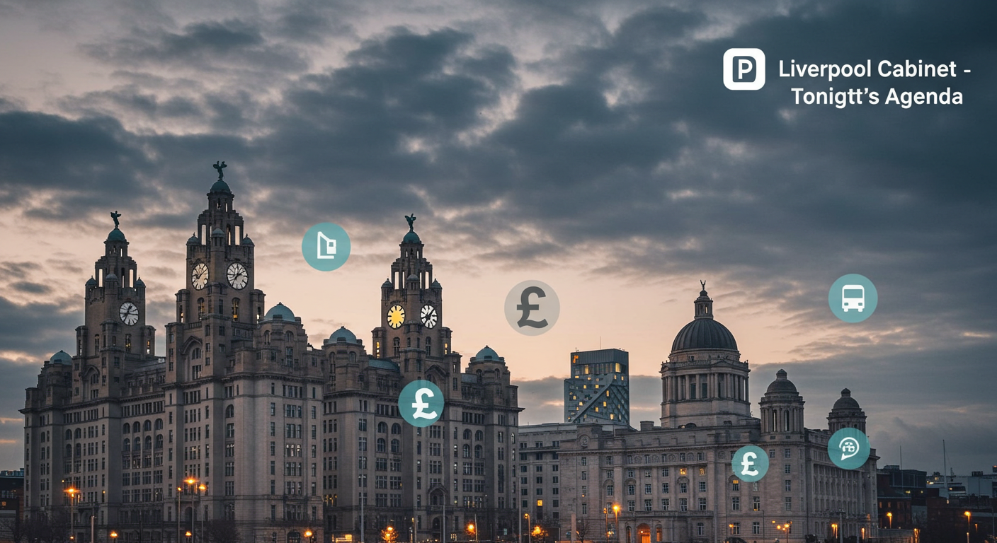 Liverpool Cabinet Meeting – 14 Oct 2025 | Budgets, Bus Lanes &Amp;Amp; Business Impact 6 An evening photograph captures Liverpool City Hall, the Cunard Building, and the Town Hall, bathed in the soft glow of a twilight sky filled with dramatic, swirling clouds. Floating around the buildings are subtle, semi-transparent graphics of pound signs (£), bus lane symbols, and parking icons, creatively representing budget allocations and transport policy debates. A small headline, "Liverpool Council Cabinet – Tonight’s Agenda," is overlaid in a bold, modern, sans-serif font, positioned to the right of the buildings. The image is composed as a medium-wide shot, slightly from a low angle, giving prominence to the architecture while maintaining a sense of scale. The overall lighting provides a sense of civic energy, with soft light against the buildings. The atmosphere feels energetic, smart, and authoritative, reminiscent of a feature photograph from the BBC or The Guardian, with a modern, slightly stylized aesthetic.