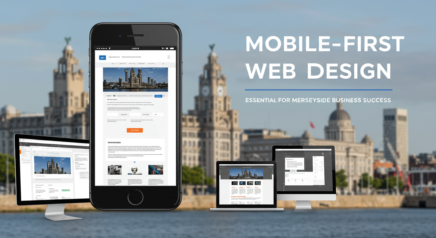 Create a professional featured image for a web design blog article. Main subject: sleek modern smartphone in foreground displaying a clean, fast-loading website with excellent UI/UX. Background: subtle Liverpool Liver Building and waterfront skyline in soft blur with gradient overlay (white to light blue #0066cc). Include multiple device screens (tablet, laptop) in background showing responsive design. Add bold text overlay: "Mobile-First Web Design" with subtext "Essential for Merseyside Business Success". Style: clean, minimalist, professional business aesthetic with tech-forward elements. Color palette: professional blue (#0066cc), white, light grays. Horizontal layout 1200x630px. Convey speed, efficiency, modern web development, local Liverpool business focus.