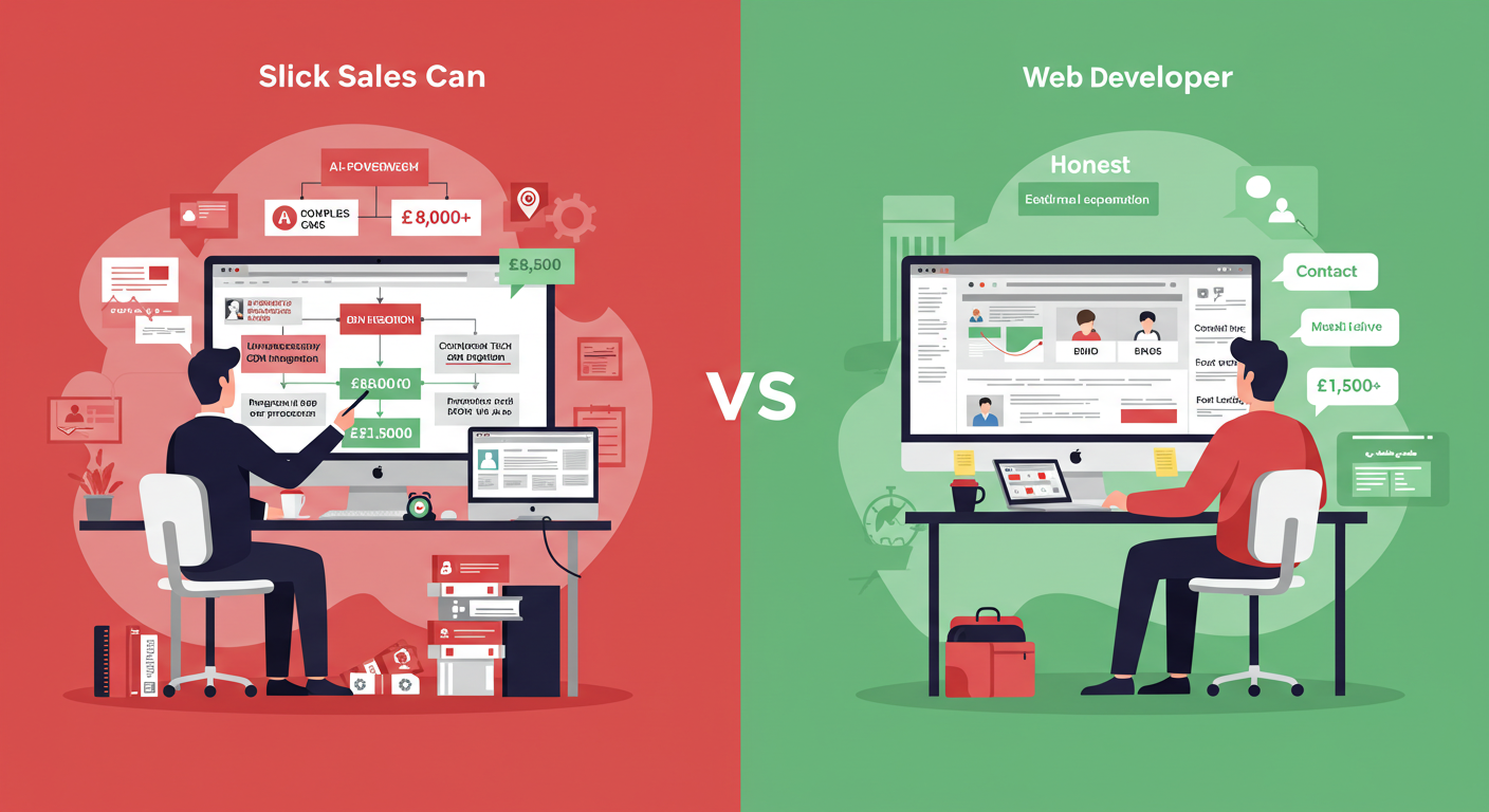 Small Business Website Design Liverpool: What You Actually Need 5 Comparison infographic showing expensive agency upsells vs actual needs for Liverpool small businesses