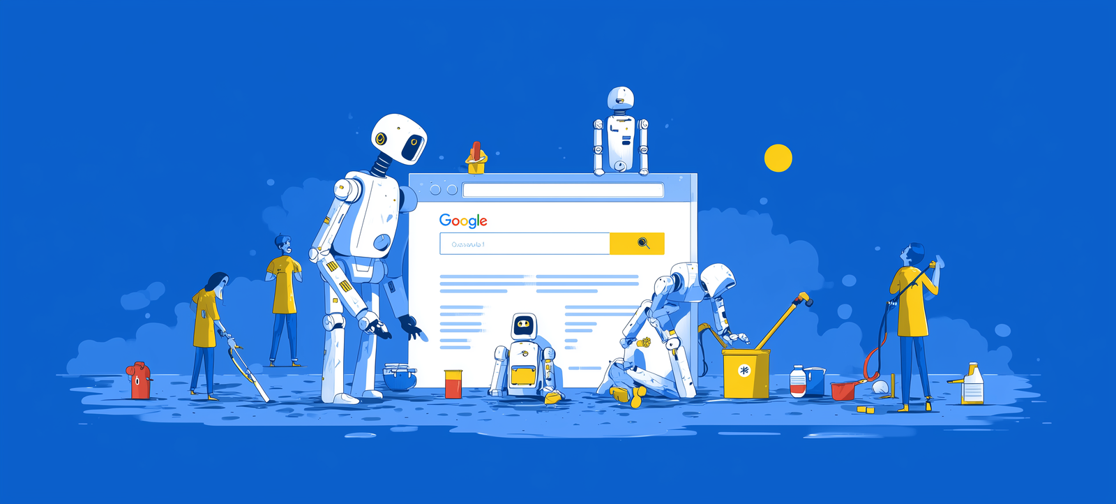 Seo Agency Liverpool 3 An illustration of robots analyzing and assembling Google search results, representing the technical process of SEO.