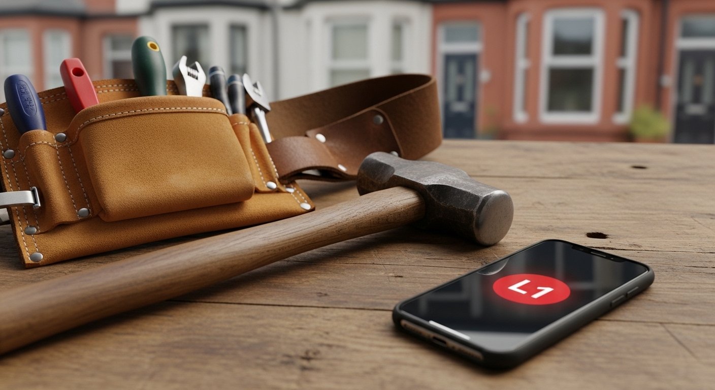 Professional Liverpool tradesman tools and a smartphone representing the digital double shift
