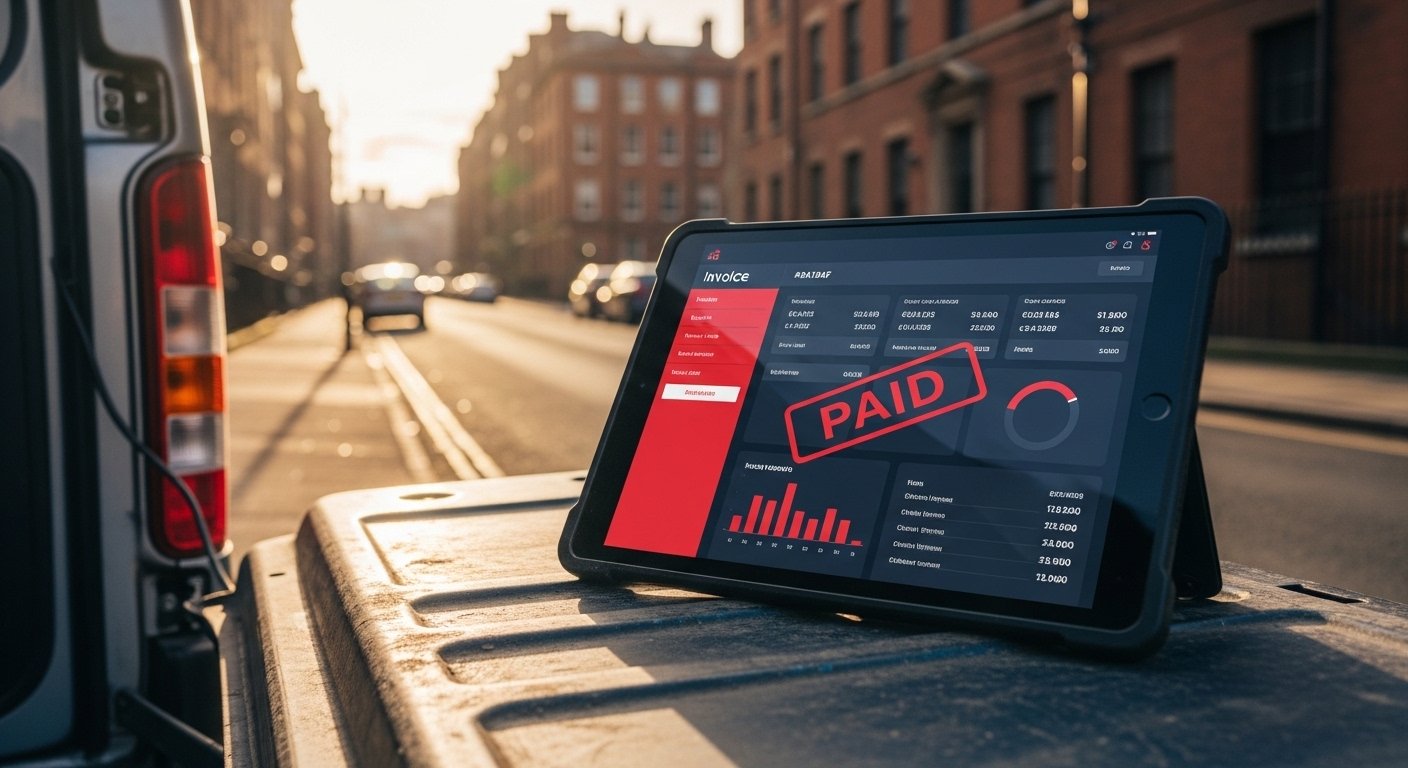 Rugged tablet on a van tailgate showing a professional digital invoicing dashboard