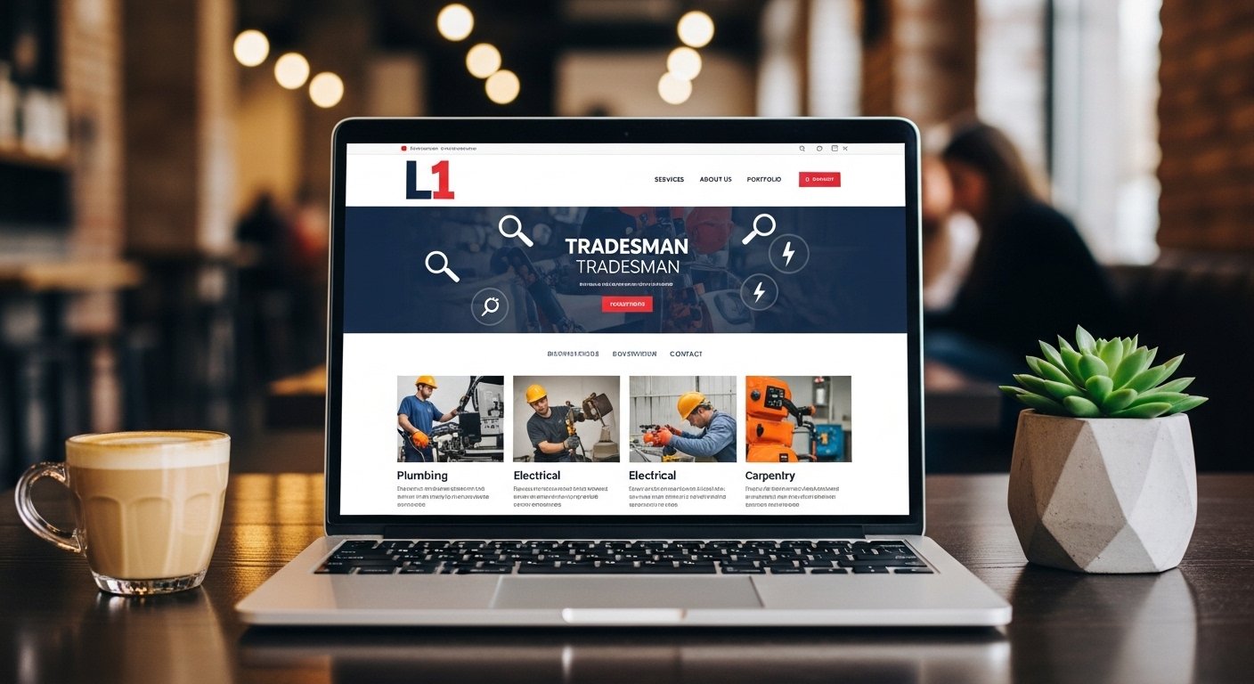 Sleek laptop in a Liverpool coffee shop showing a professional tradesman authority website